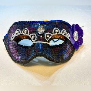 DELUXE MASK w Feather Ball Blue Black Glitter Venetian Masquerade Dance Costume
